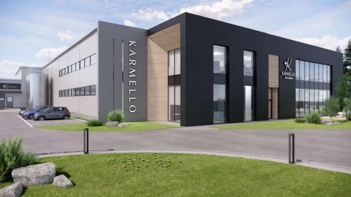 Wizualizacja budynku produkcyjno-usługowego dla Karmello Chocolatier w Czechowicach-Dziedzicach, realizowanego przez VSYSTEM jako generalnego wykonawcę