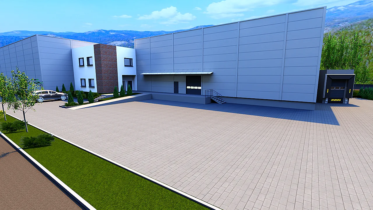 Wizualizacja dwóch obiektów magazynowo-usługowych z częścią handlową i socjalno-biurową dla ŁAKOĆ Sp. z o.o. w Czechowicach-Dziedzicach – inwestycja realizowana przez VSYSTEM jako generalnego wykonawcę
