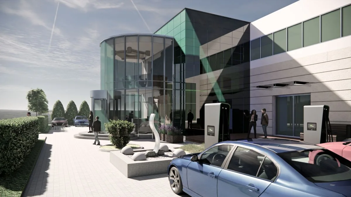 Nowa strefa wejścia głównego biurowca ISCAR w Katowicach po rozbudowie – projekt i realizacja w formule generalnego wykonawstwa