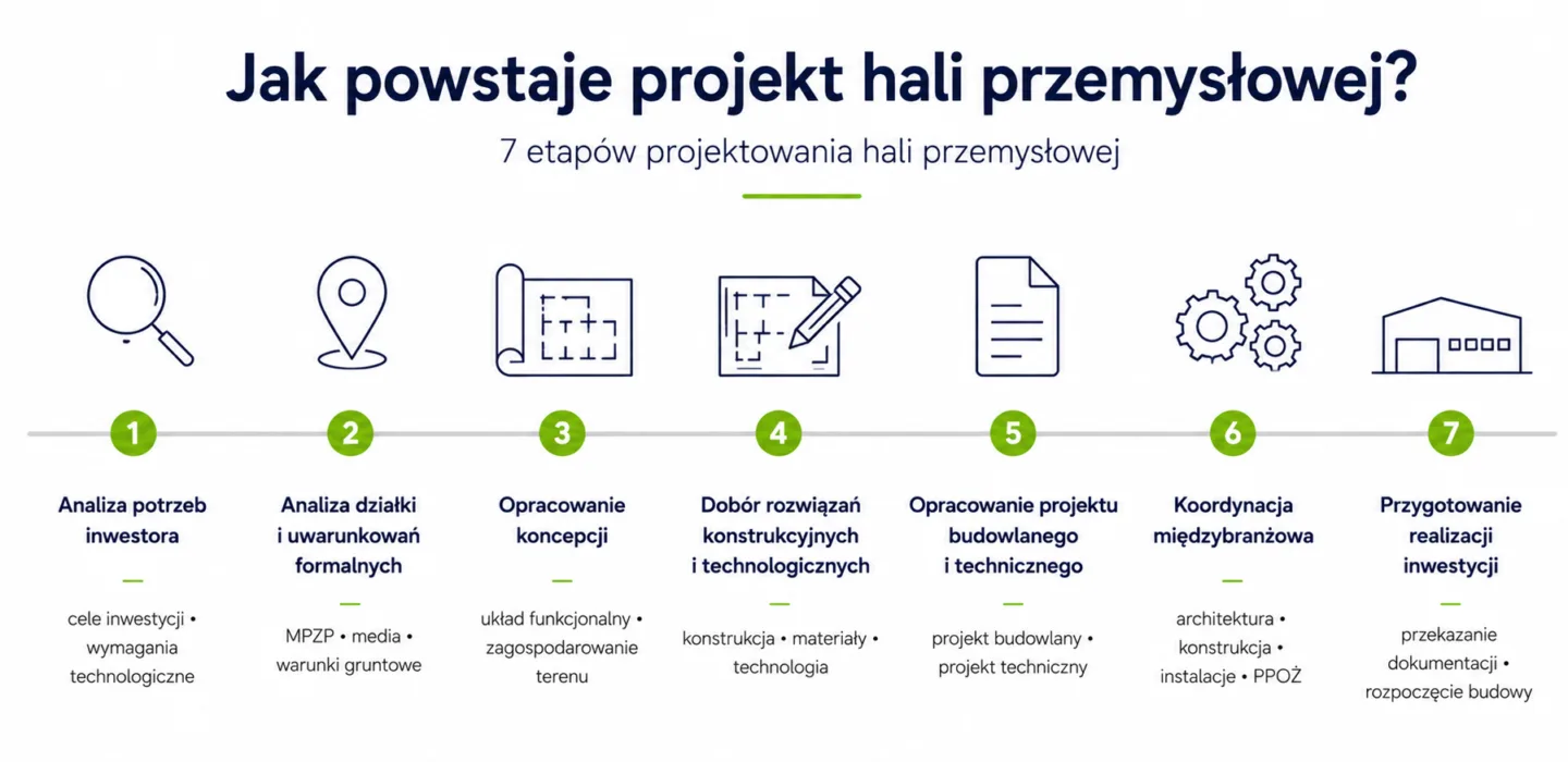 Infografika z 7 etapami projektowania hali przemysłowej – od analizy potrzeb inwestora i analizy działki, przez opracowanie koncepcji oraz projektu budowlanego i technicznego, aż po koordynację międzybranżową i przygotowanie realizacji inwestycji.