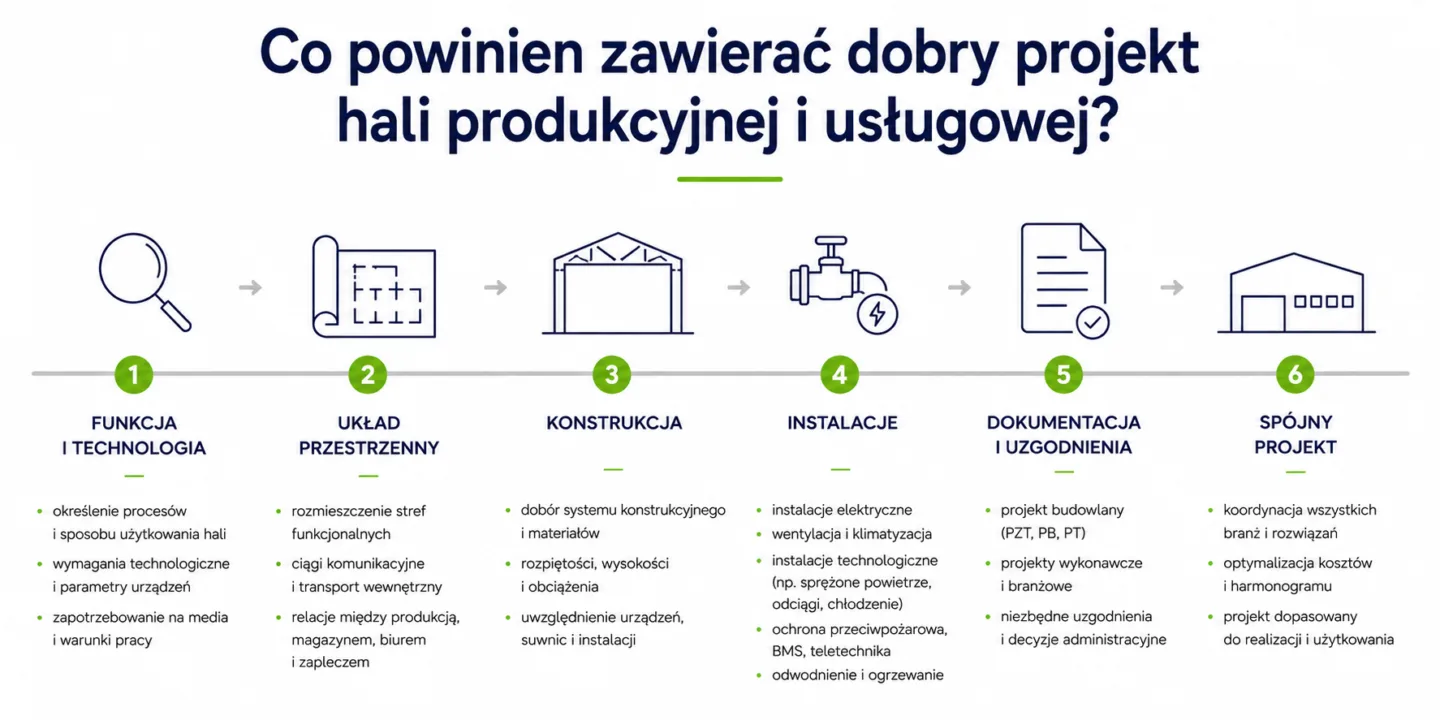 Infografika VSYSTEM pokazująca, co powinien zawierać dobry projekt hali produkcyjnej i usługowej: funkcję i technologię, układ przestrzenny, konstrukcję, instalacje, dokumentację i uzgodnienia oraz spójny projekt.